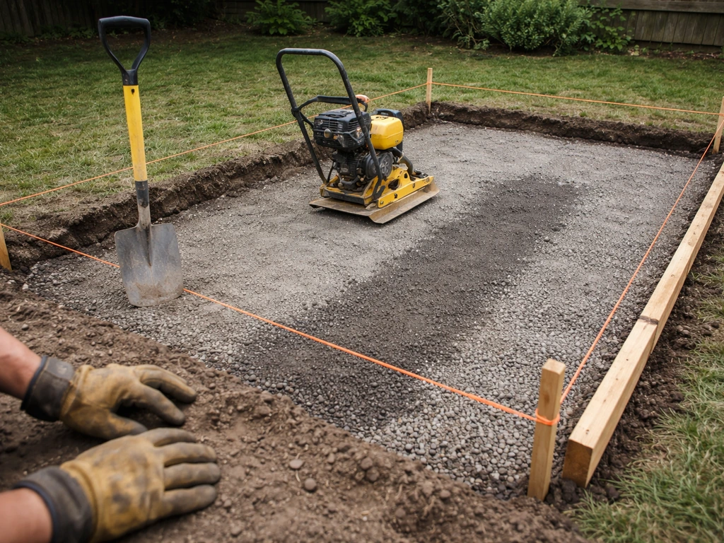 DIY yard site prep with marked gravel patio area, excavated ground, and compacted sub-base layers