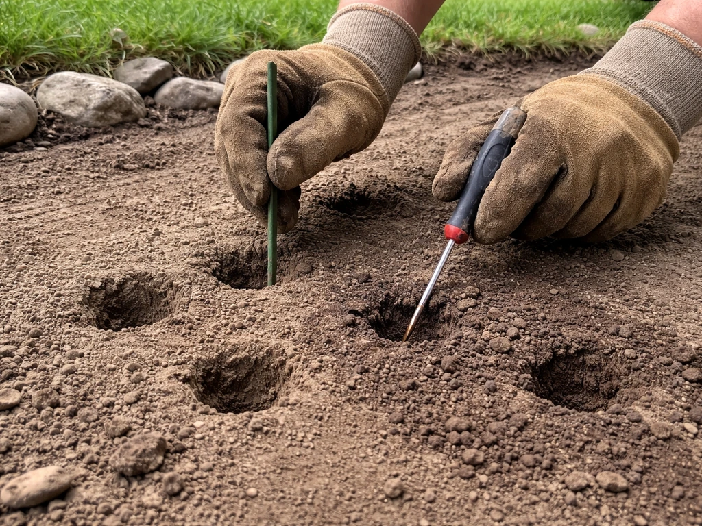 Gloved hands pushing a garden stake and screwdriver into soil to test patio suitability at several spots.