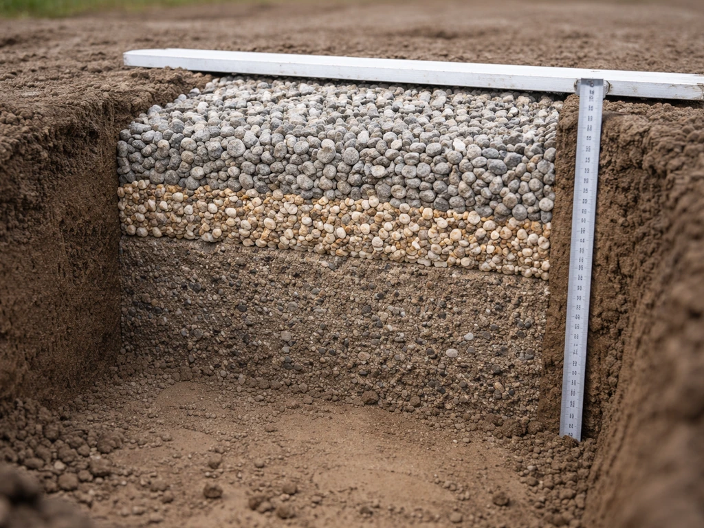 Close-up of a small excavation pit showing layered gravel and compacted sub-base depth, with a tape measure for scale.