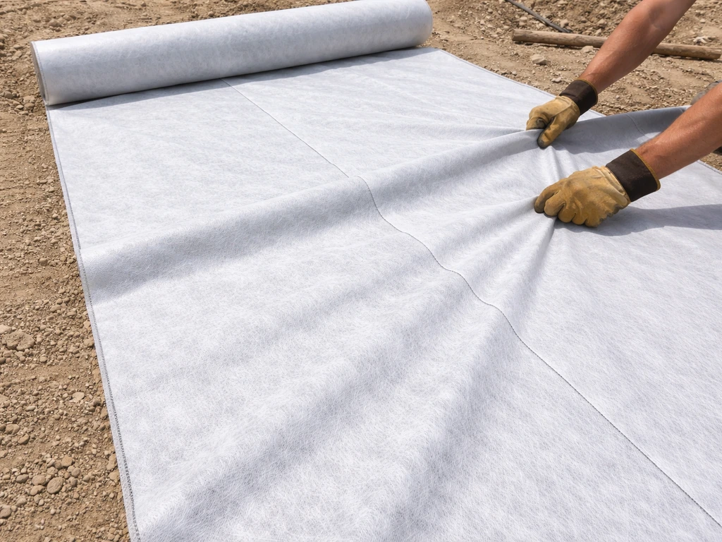 Worker’s hands spread geotextile separation fabric on prepared subgrade, trimmed edges and fabric overlaps visible.