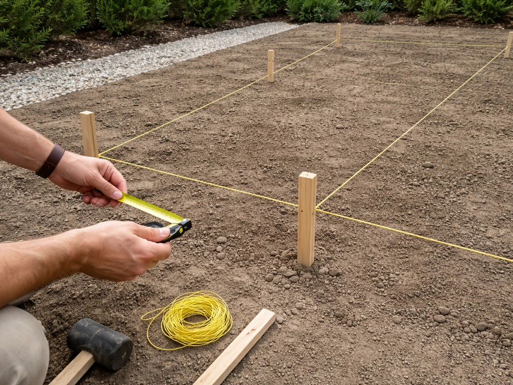 Backyard patio layout with tape measure, pegs, and string marking drainage fall and finished level
