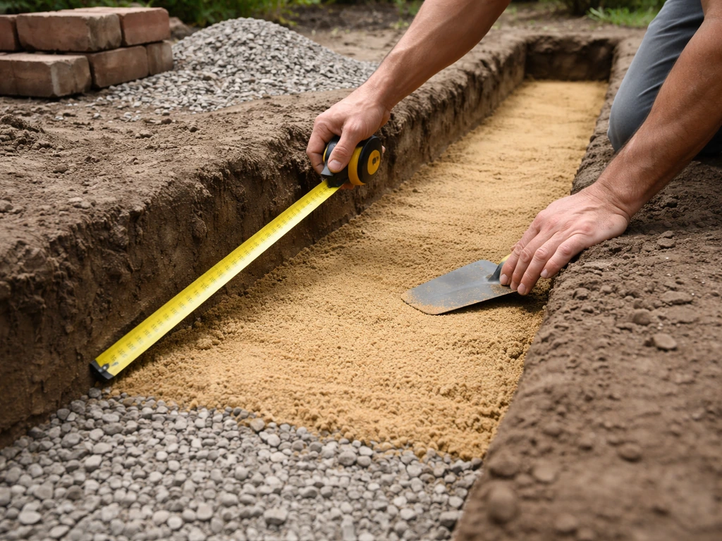 Measured excavated trench with bedding sand for a sand-laid brick patio, hands holding a tape measure.