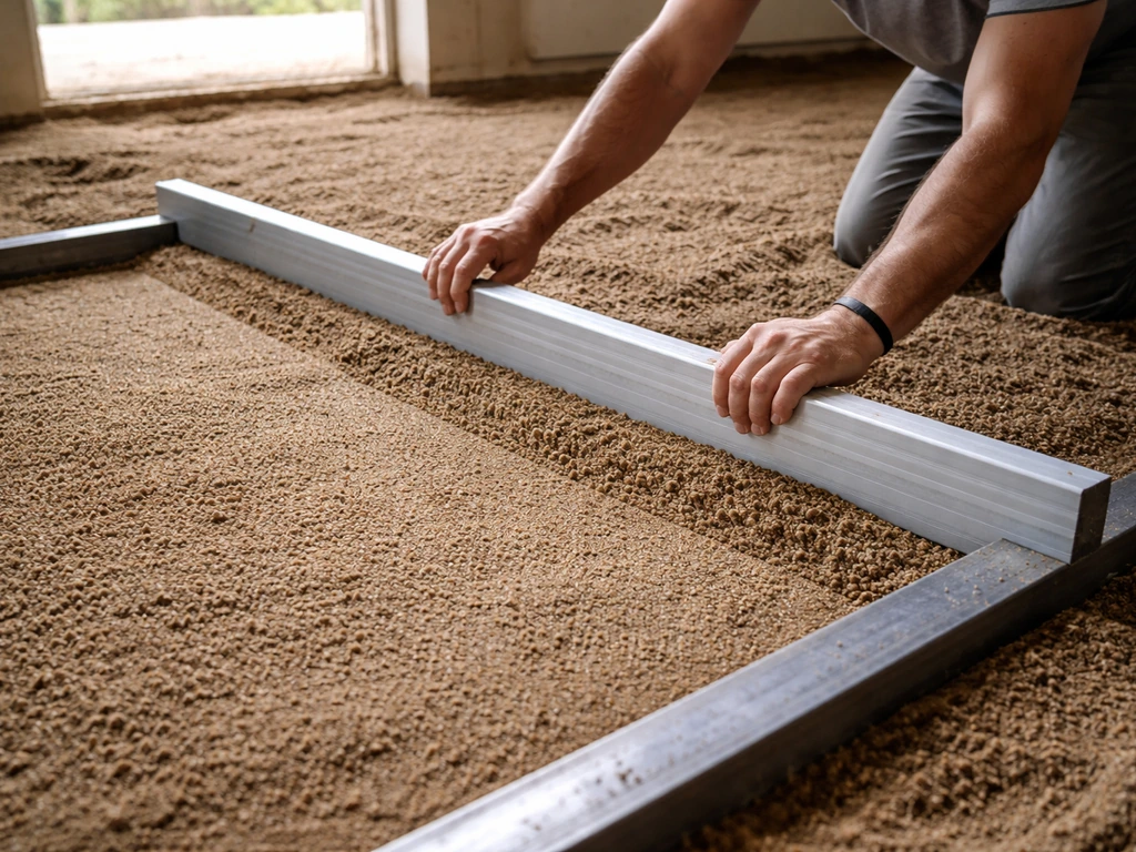 Worker screeding bedding sand using a straight screed board across steel box-section rails