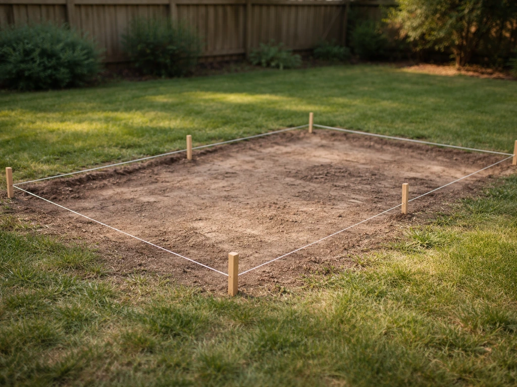 Minimal backyard patio area marked with stakes and string showing a proposed layout on the ground