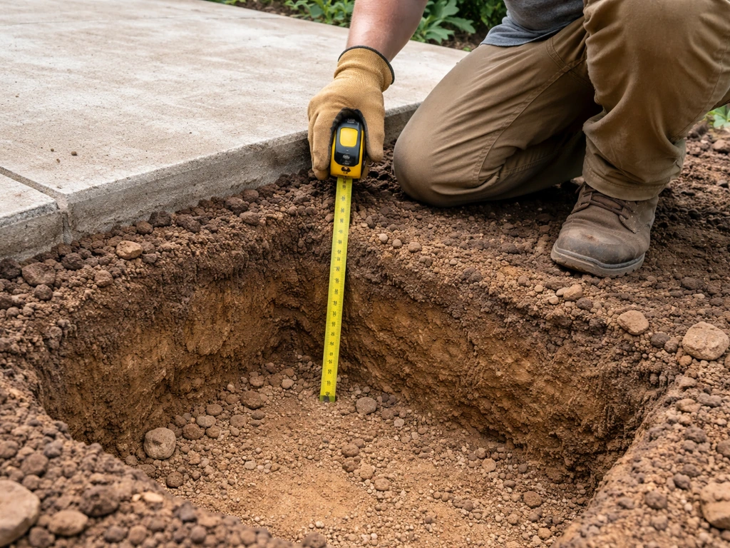Anonymous DIY worker checks excavation depth with a tape measure beside exposed clay soil and an existing patio edge.