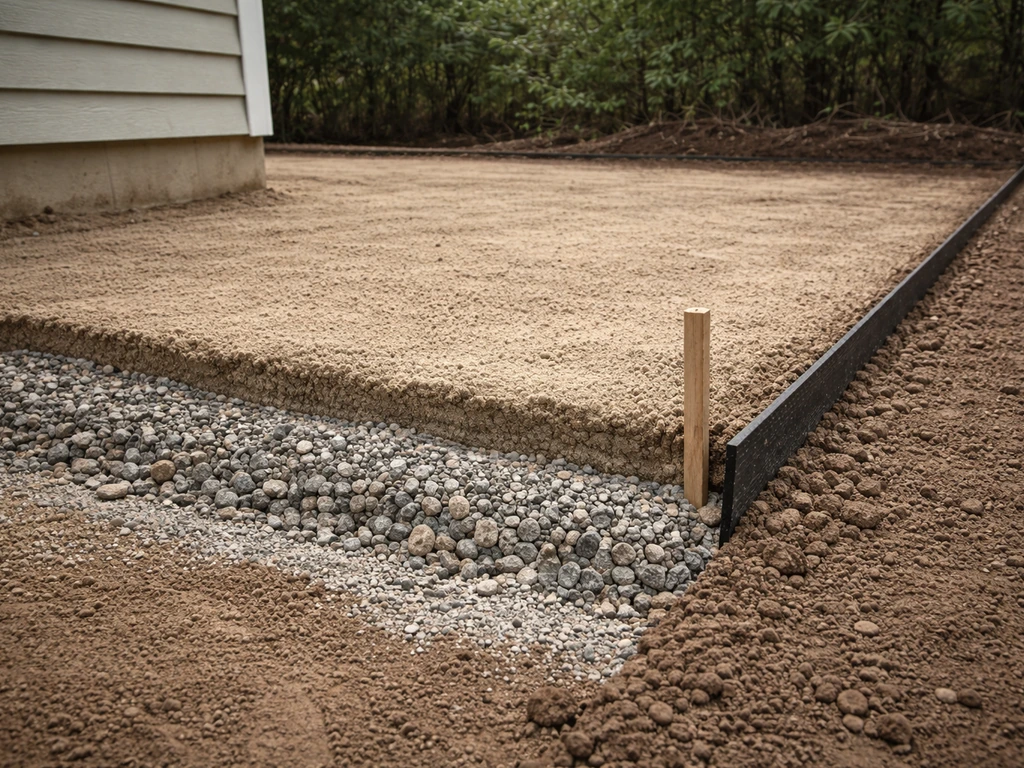 Graded patio base sloping away from a house with clear edging and exposed sub-base layers