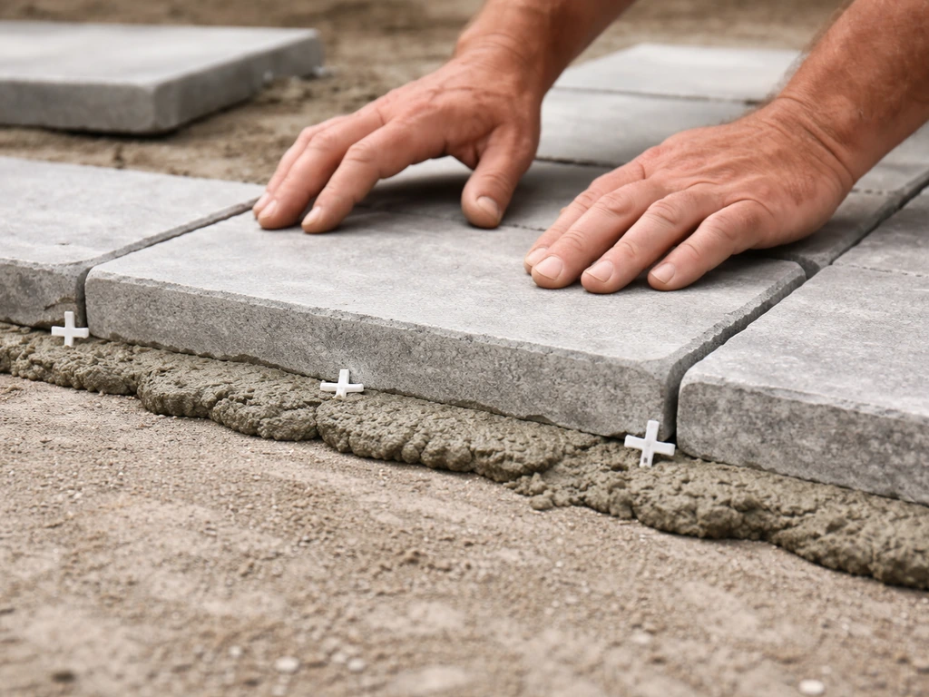 Hands placing paving slabs on mortar with spacers for even joint widths