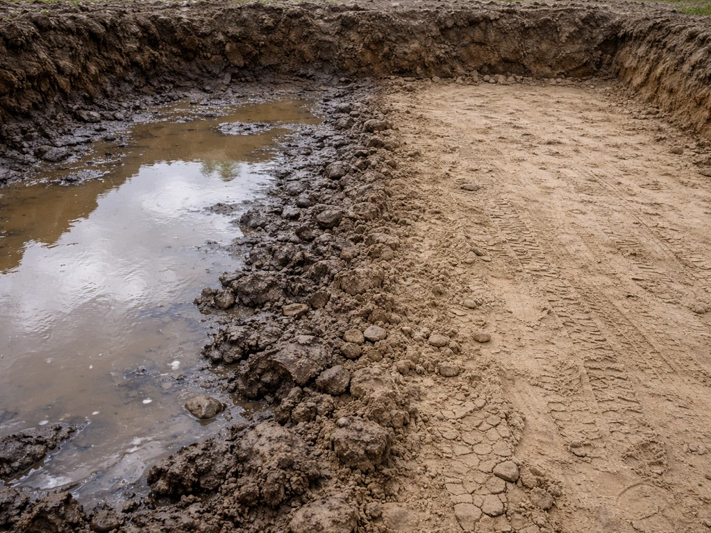 Rain-sodden excavation with dark saturated mud next to a drier compacted base area.