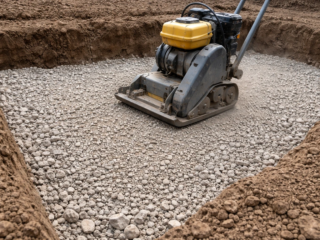 Plate compactor compacting MOT Type 1 sub-base in a freshly excavated patio area