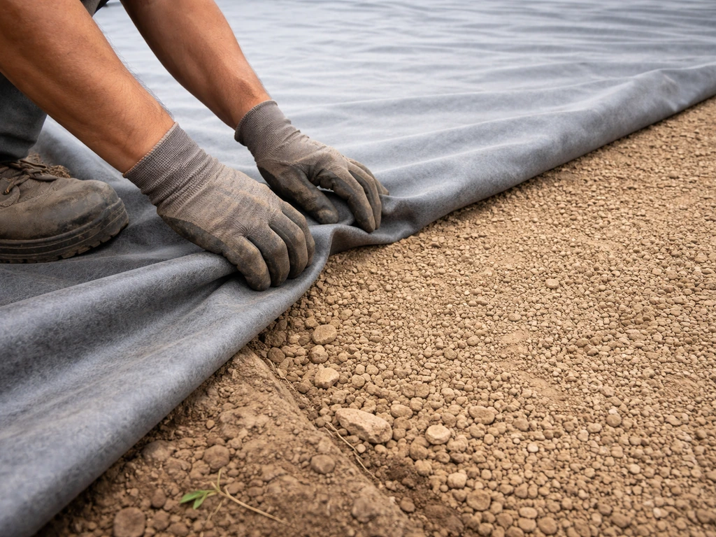 Geotextile separation membrane laid over prepared sub-base, edges tucked before placing next material