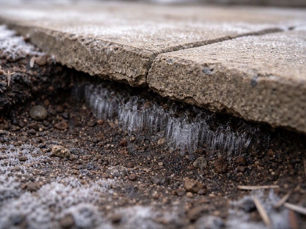 Close-up of winter soil with ice lenses pushing up a concrete patio slab edge.