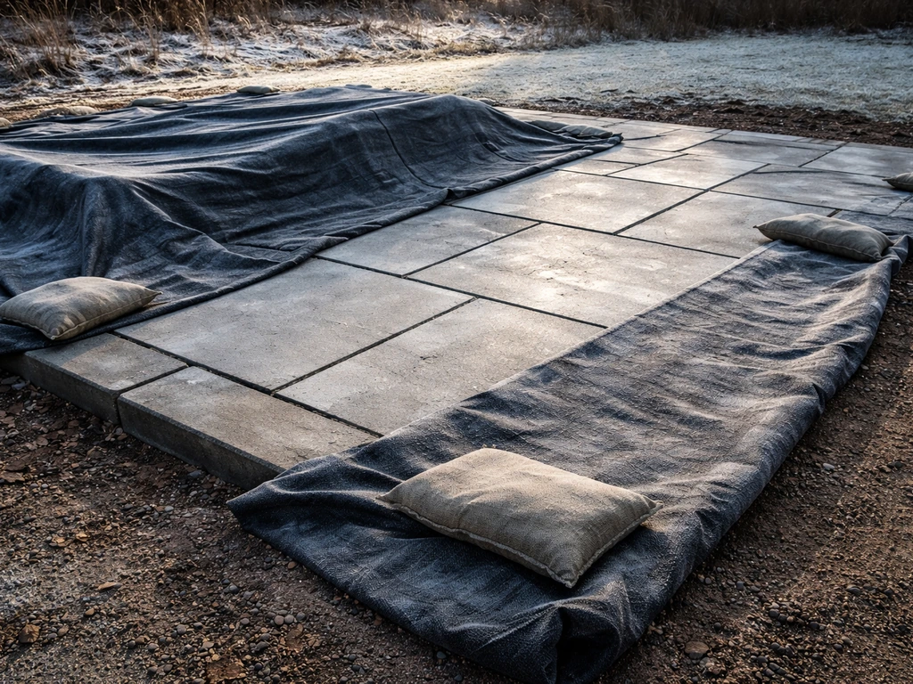 Freshly laid patio slabs covered with weighted frost tarps to protect curing mortar from frost.
