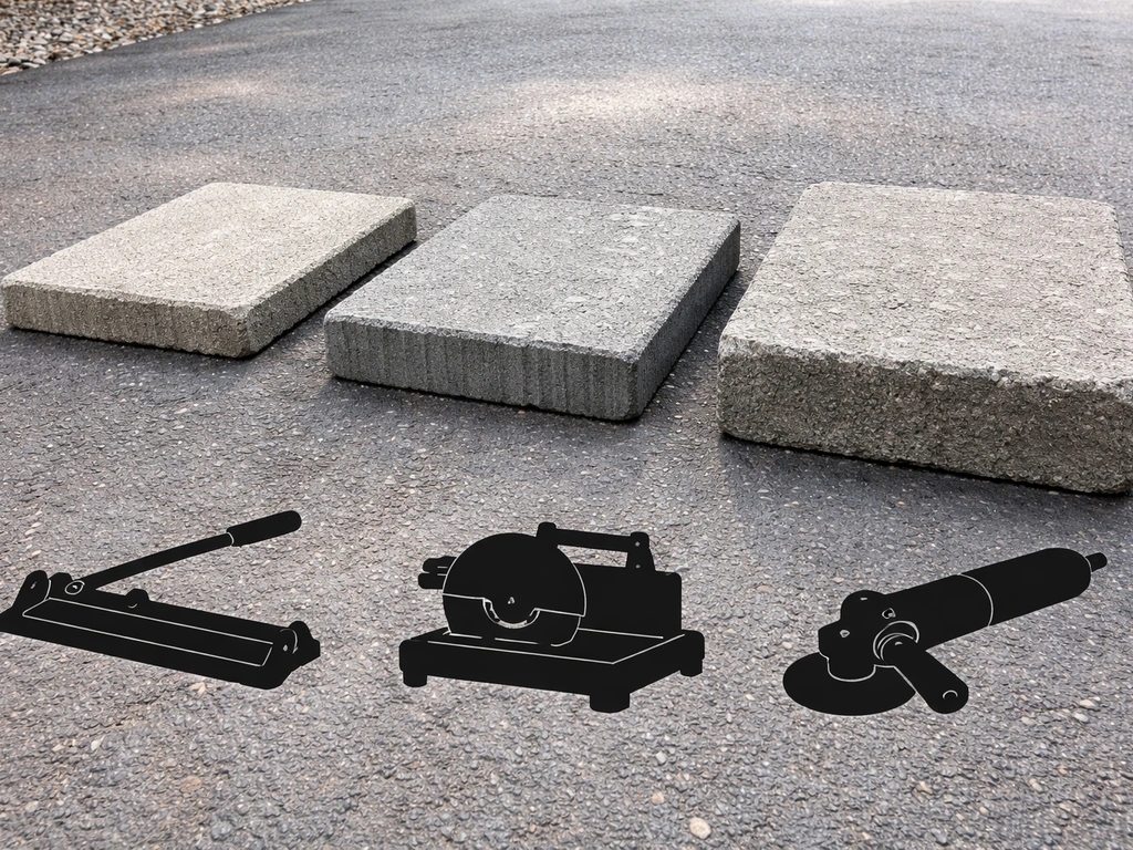 Patio blocks of different thicknesses with tool silhouettes showing methods: snap, wet saw, and angle grinder.