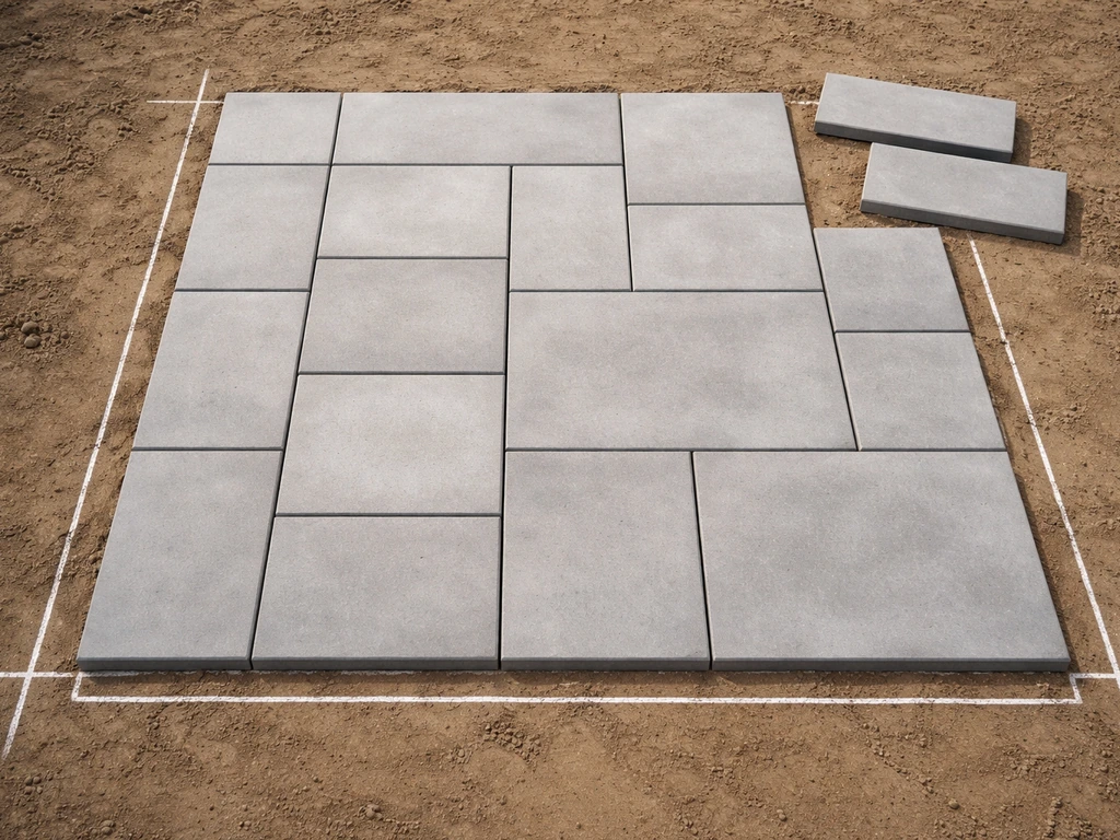 Top-down view of a dry-fit patio block layout with marked cut lines in a chalk grid