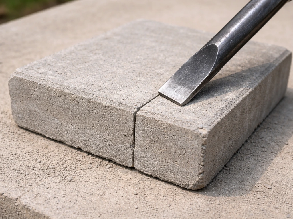 Close-up of a scored concrete patio block line with a bolster chisel aligned for a controlled snap