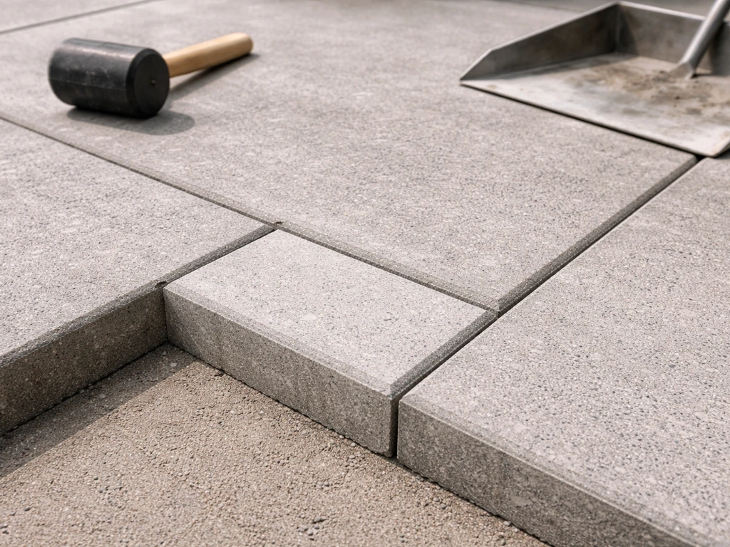 Dry-fitting a cut concrete patio block at the edge, trimmed face aligned flush with factory blocks