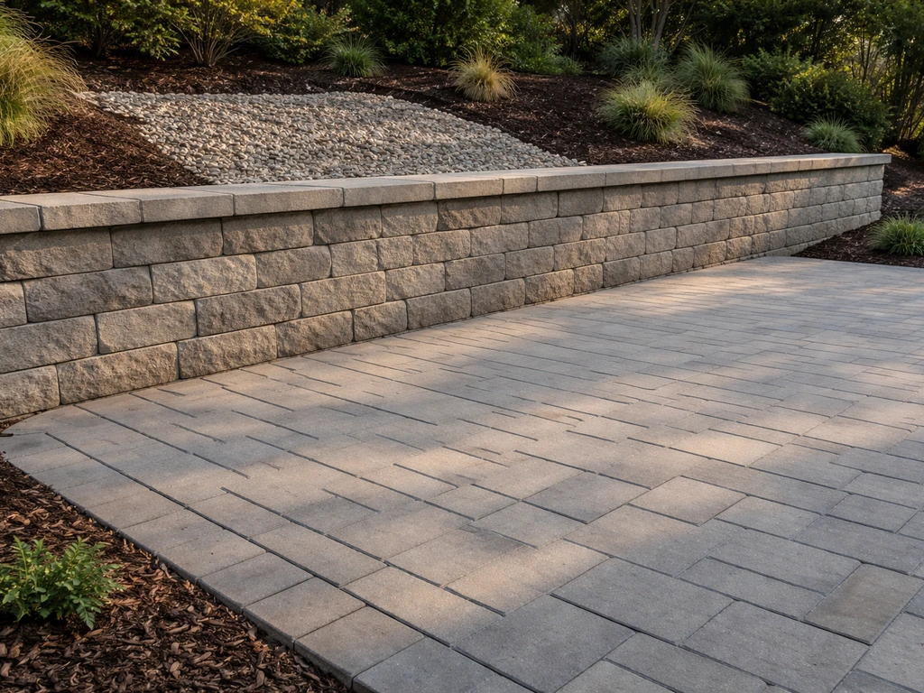 Finished raised patio with segmental retaining wall blocks, showing wall face, drainage area, and paver surface.