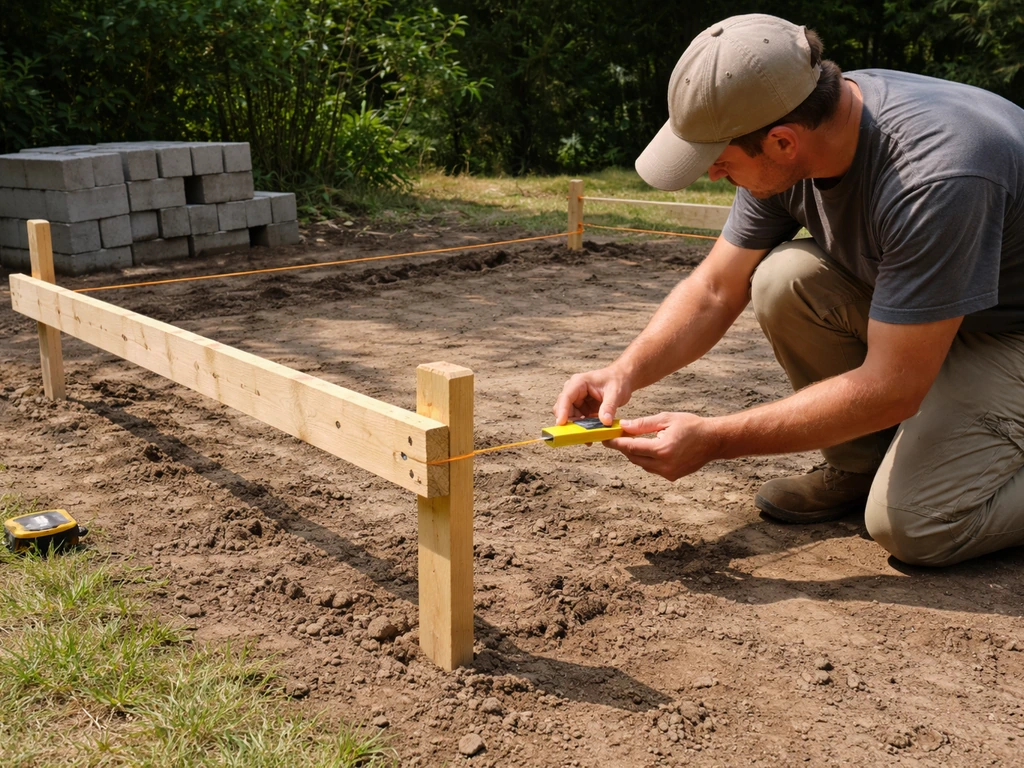 Person using a line level with string lines stretched over marked patio area on a bare yard