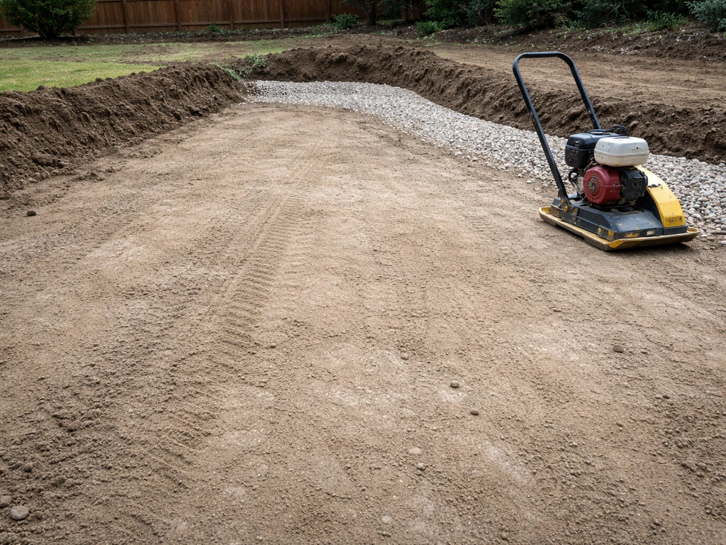 Graded subgrade with compacted soil, small drainage swale/pipe edge, and topsoil removed from the project area.
