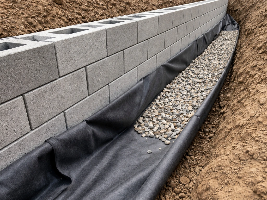 Concrete blocks stacked on a retaining wall with geotextile fabric and gravel drainage behind them.