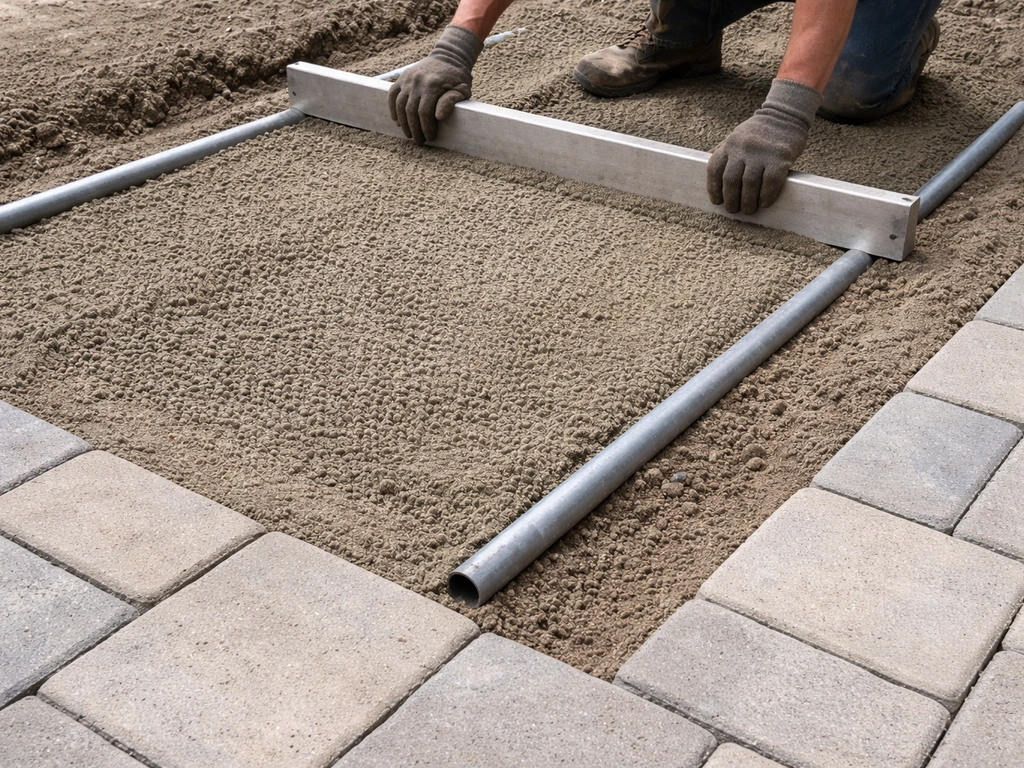 Worker pulls coarse sand screed with conduit guides, then lays pavers on a prepared patio base