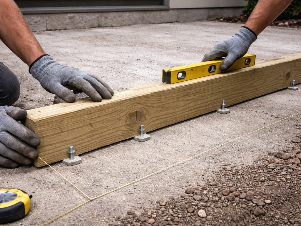 Gloved hands place perimeter joists, masonry anchors, and a string line guide along a patio edge.