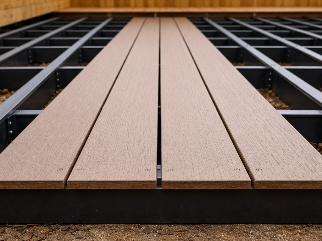 Close-up of deck boards laid across joists with clear expansion gaps and aligned direction