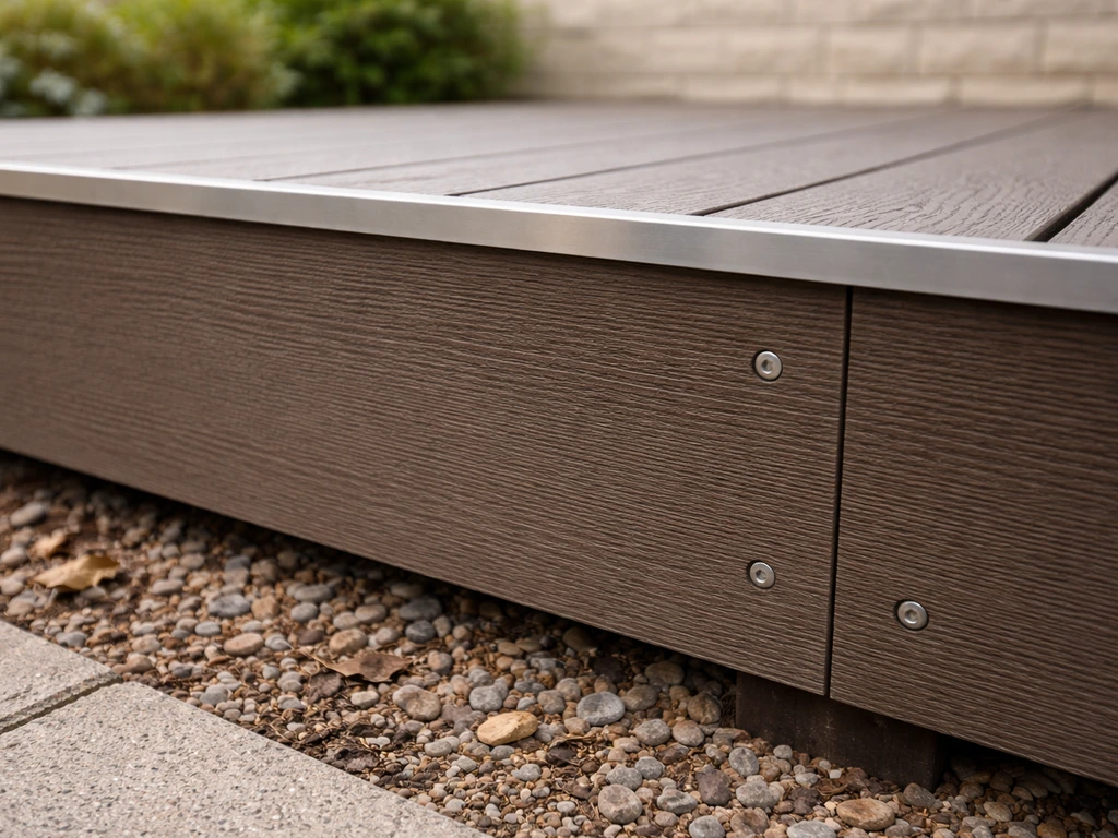 Vertical fascia board installed along a deck edge, neatly hiding perimeter joist ends