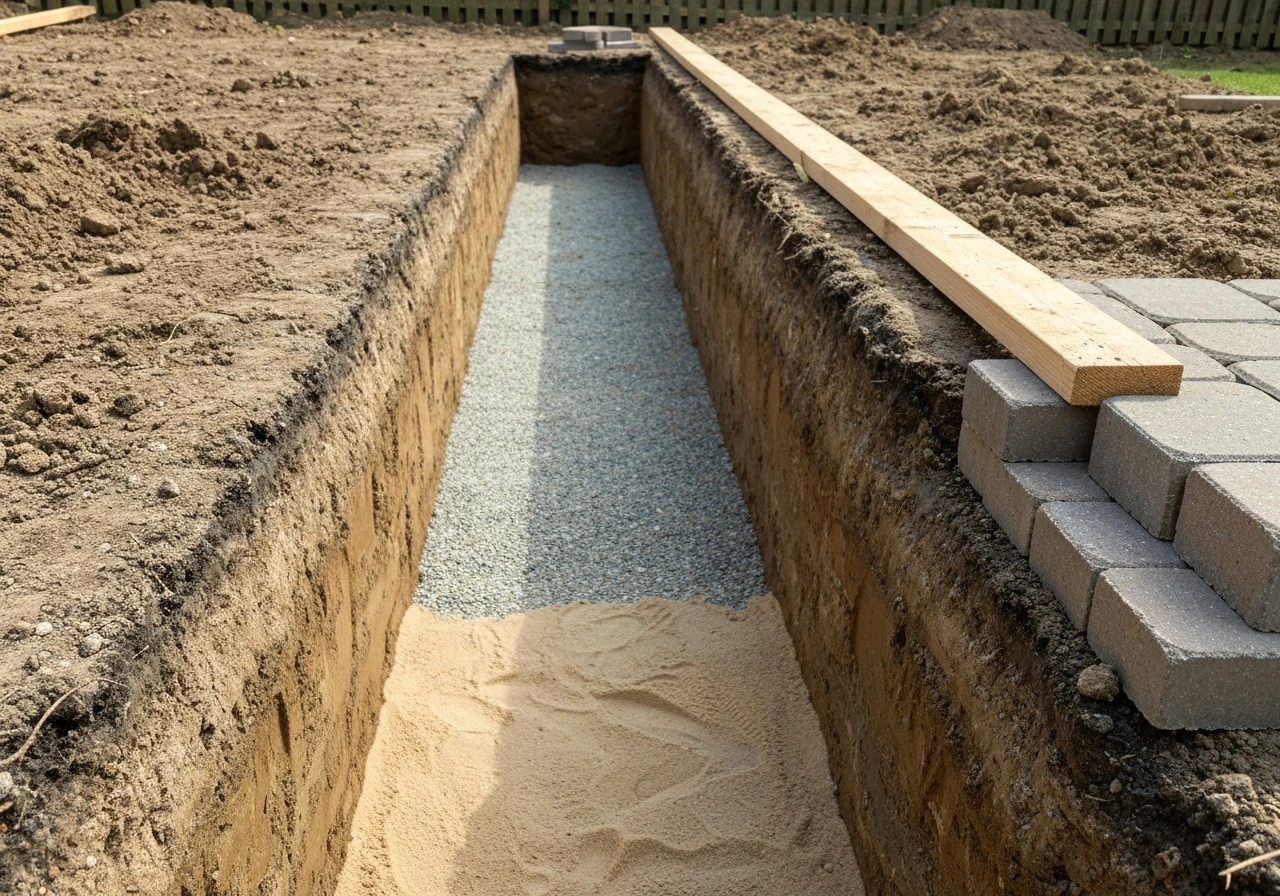 Side view of an excavated patio showing compacted sub-base, bedding sand, and paving slab thickness.