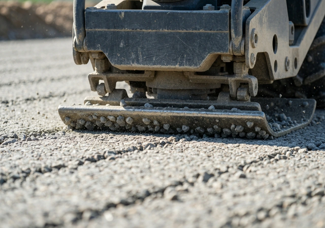 Plate compactor tamping sub-base aggregate layer in even passes, textured stone surface visible.