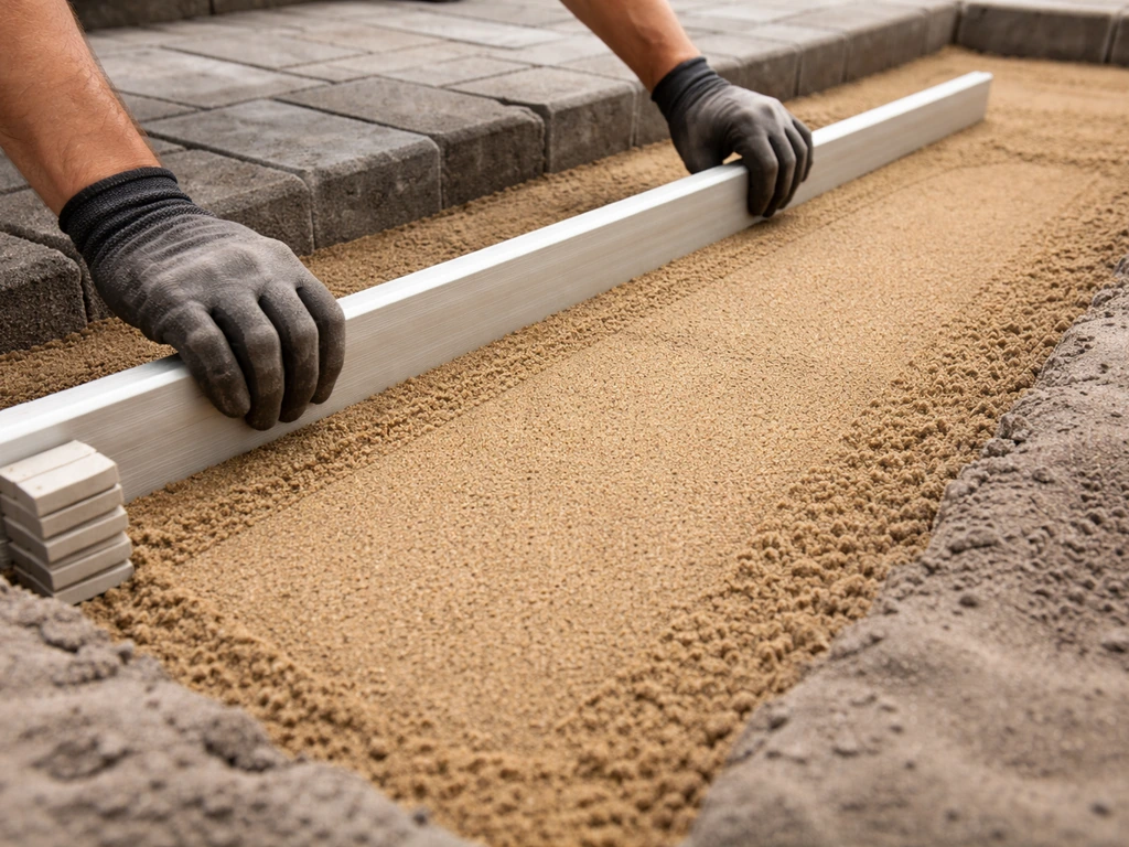 Hands screeding bedding sand with a straight-edge to achieve an even 25mm finished thickness.