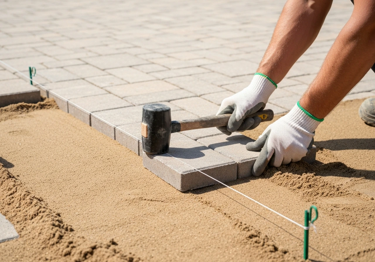 Hands using a rubber mallet to bed a patio paver into loose screeded sand beside string line guides.
