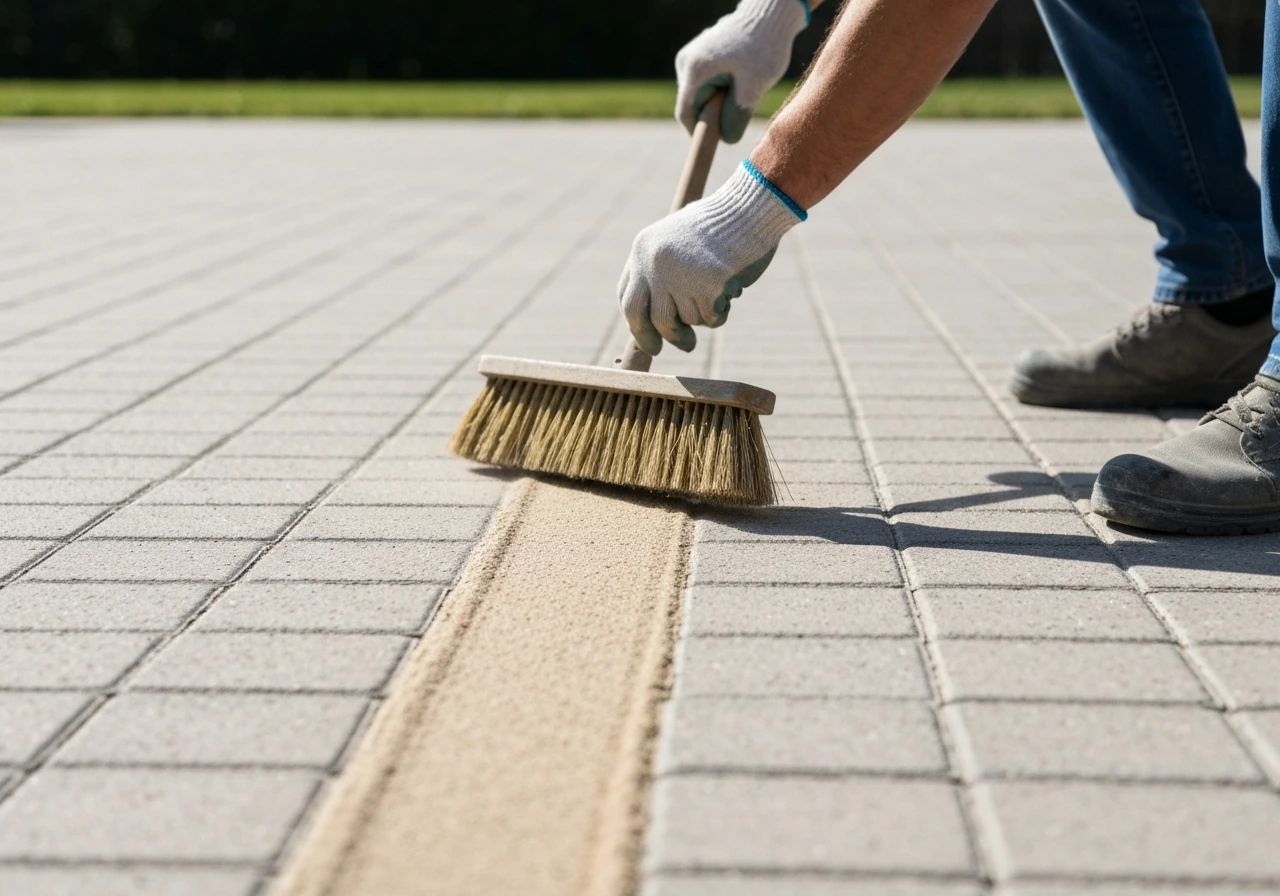 Gloved hands brushing sand into paver joints on a clean patio surface with broom in view.