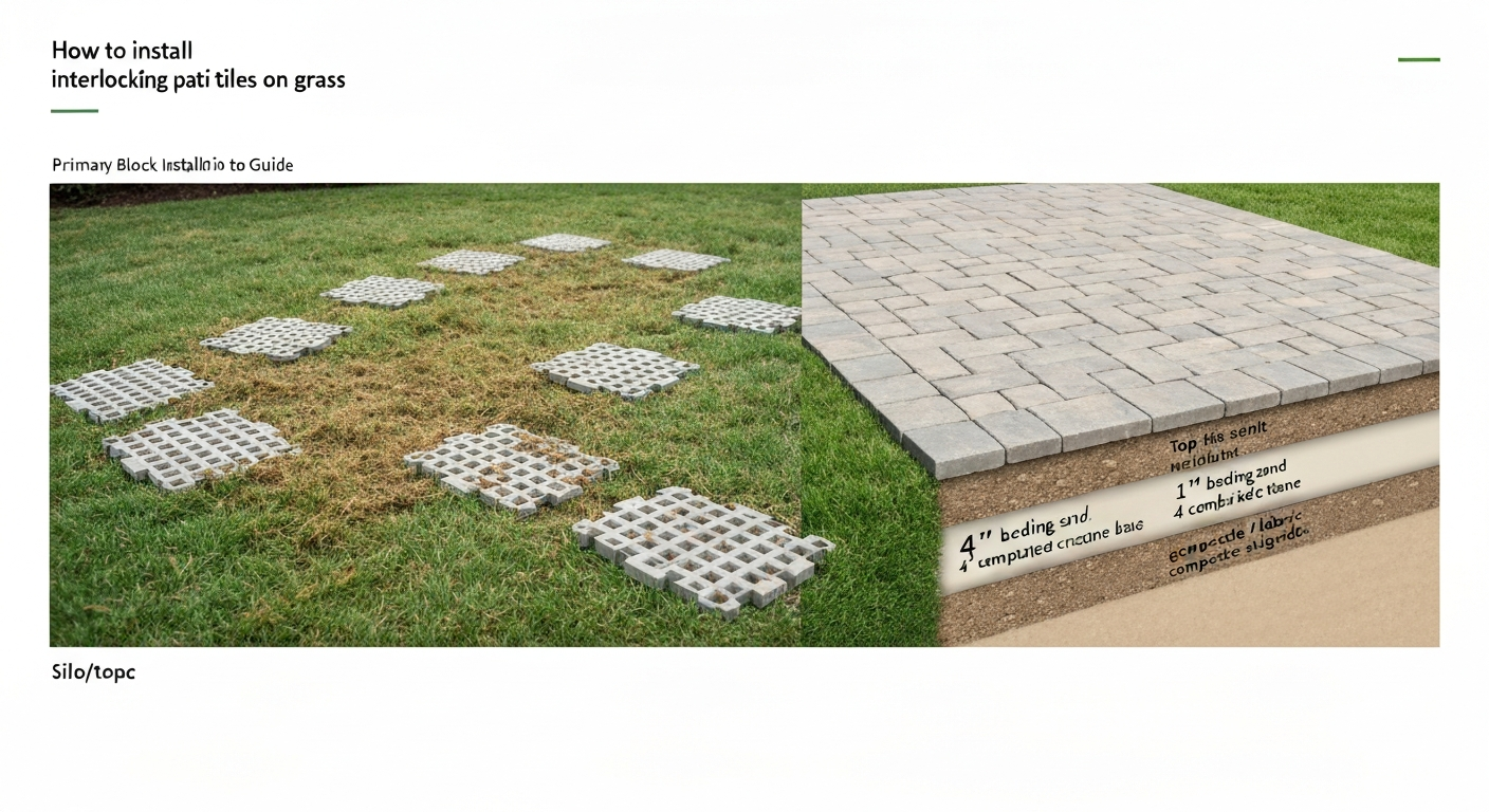 Split image: tiles laid on grass (left) vs. properly built paver patio with base cross‑section (right) showing differences.