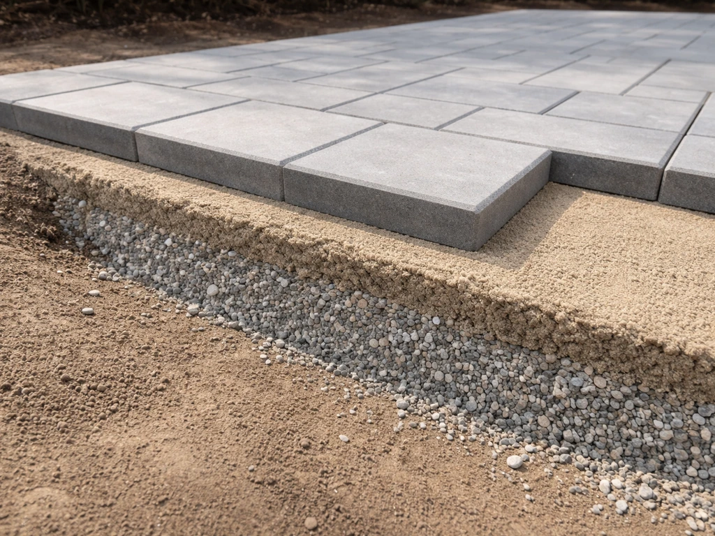 Close-up of a leveled patio edge showing compacted base layers and a subtle drainage slope.