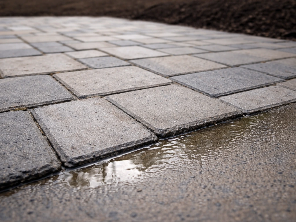 Close-up of patio pavers that look level, with a subtle slope shown by a small water line