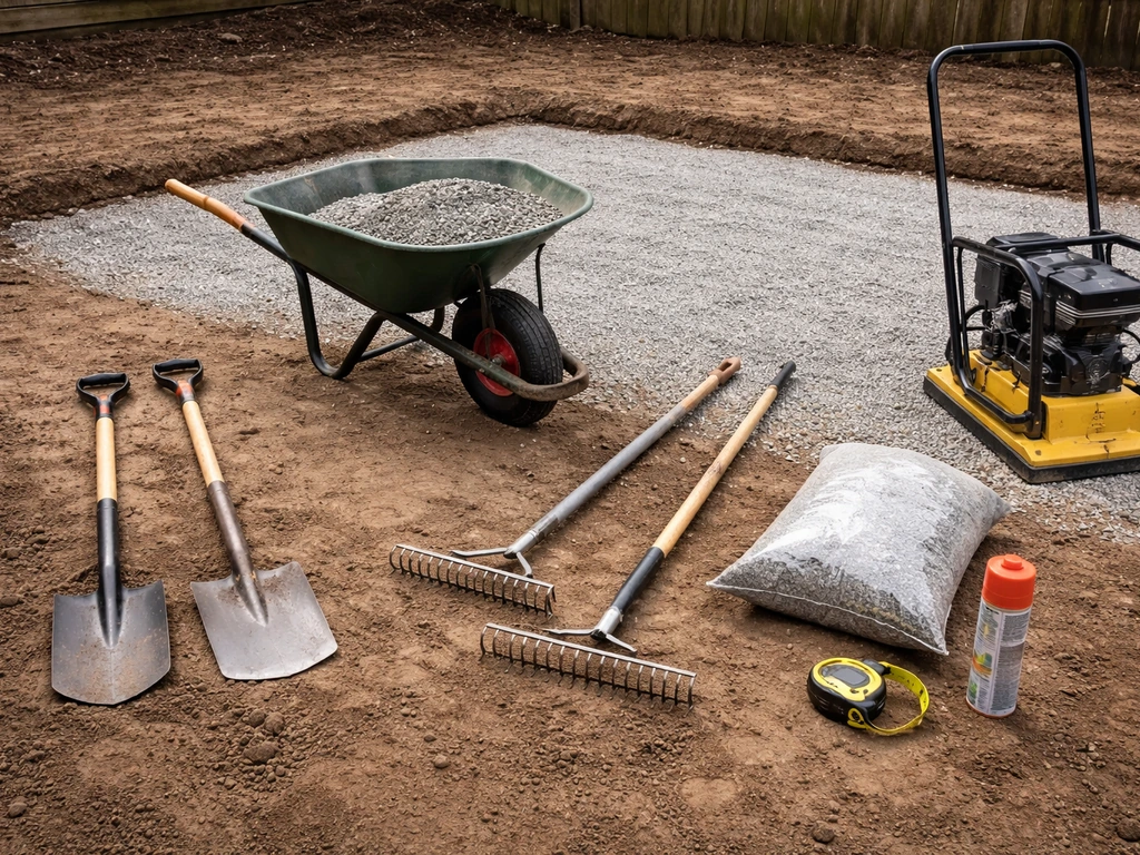 Staged patio leveling tools and crushed-stone base materials on the ground, including a plate compactor and shovels.