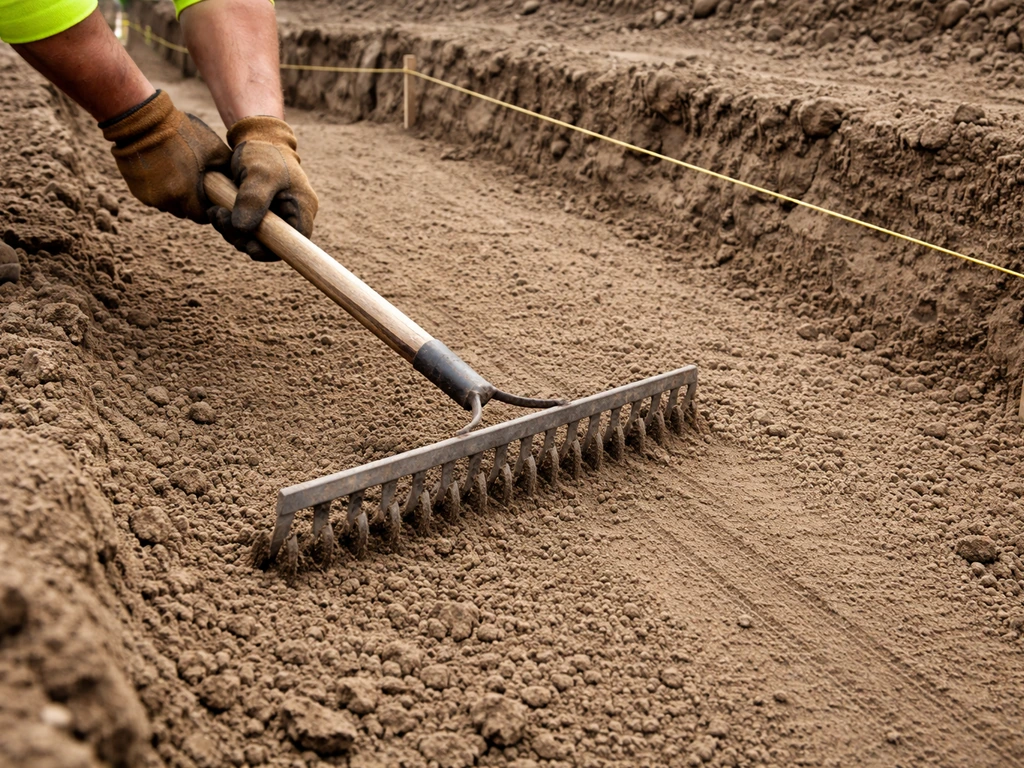 Hands raking bare soil in an excavated trench, smoothing a drainage slope with guide string lines
