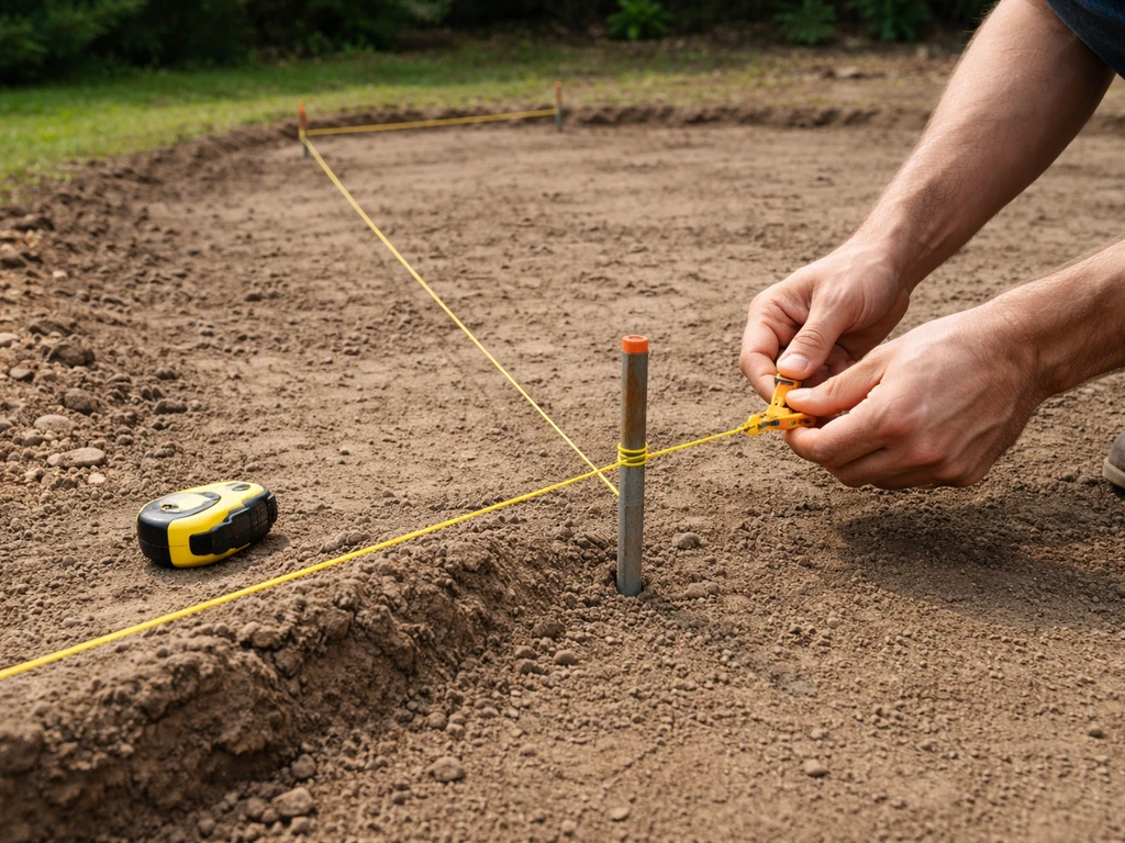 Person tying string between stakes to mark a patio footprint on bare soil with a slight drainage slope