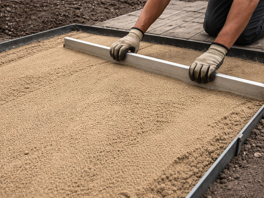 Worker’s hands level and screed bedding sand along installed edge restraints for a patio slab base