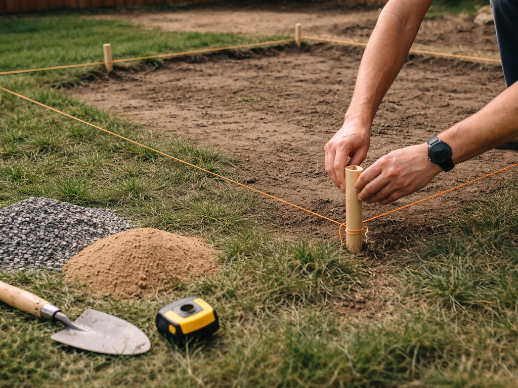 Backyard patio layout marked with pegs and string lines, showing a clear DIY work zone in natural light.