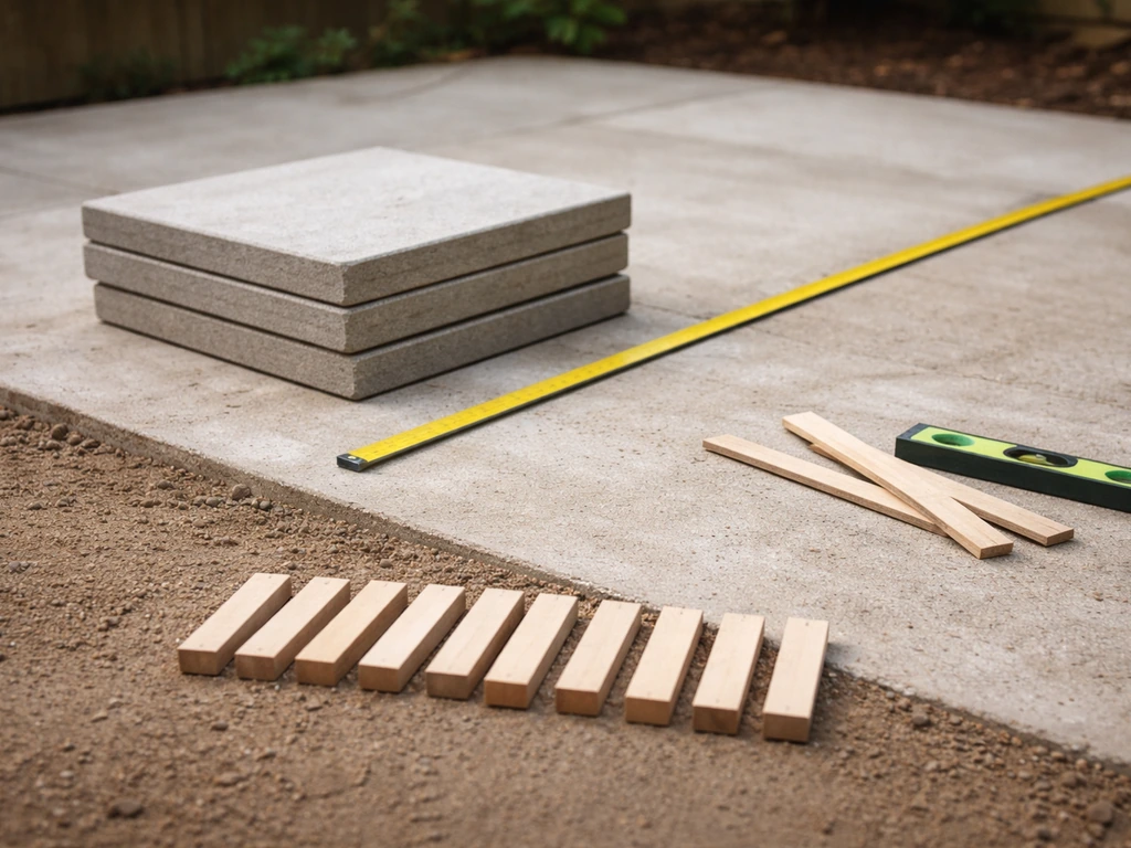 Concrete flags on flat ground with a level and a row of ten small markers highlighting a 4–5 difficulty.