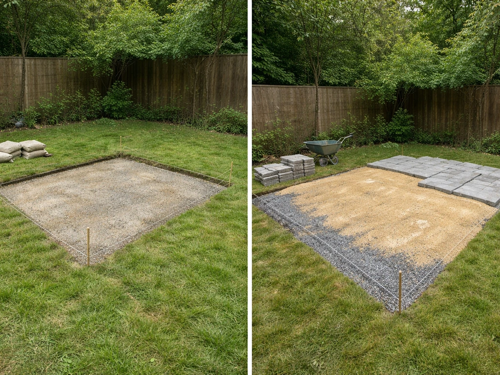 Split view: small ~10m² patio base and outlined area vs larger ~25m² patio with more materials staged.