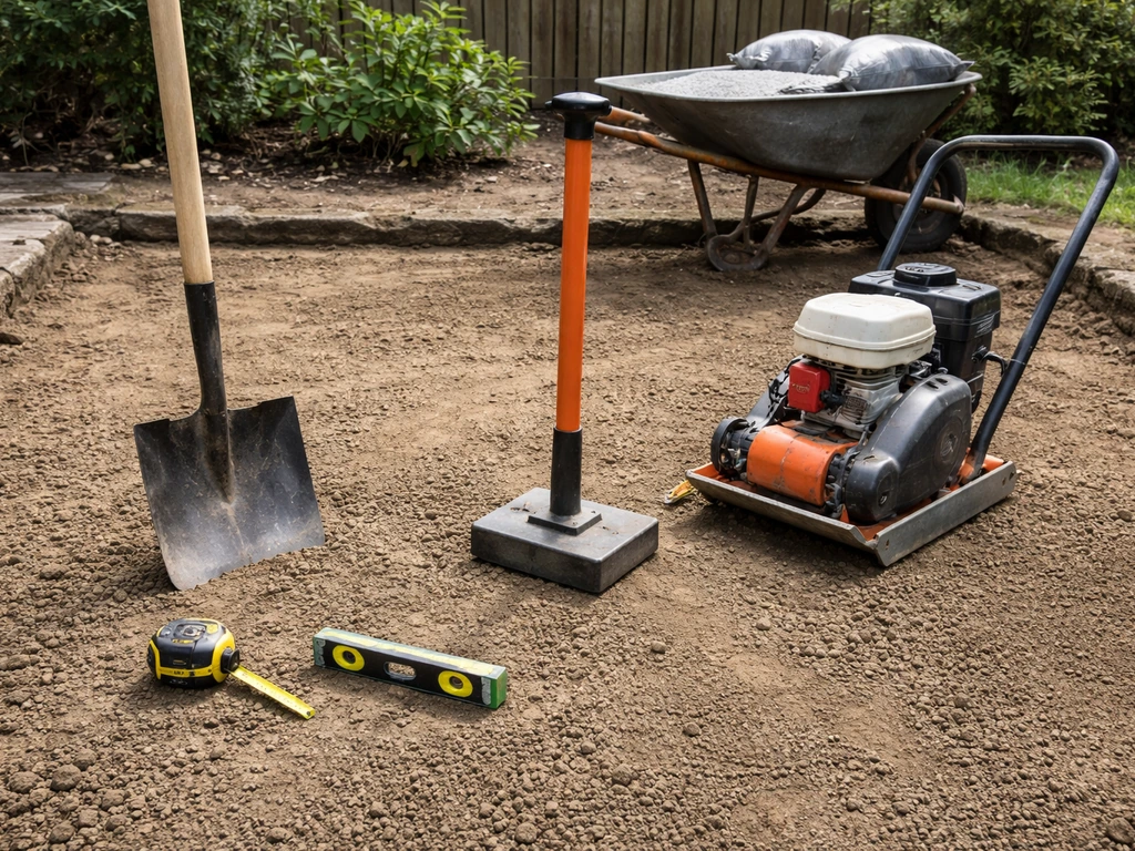 On-site patio tool lineup: spade, wheelbarrow, plate compactor, tamper, and measuring tools arranged
