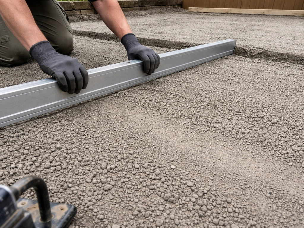 Worker compacting MOT sub-base for a patio, using a straight leveling board and slight drainage slope