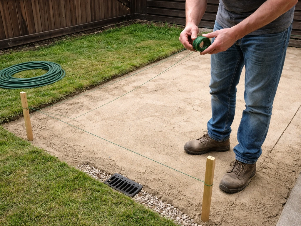 DIYer in a backyard patio using stakes and a string line to mark a drainage slope toward an outlet