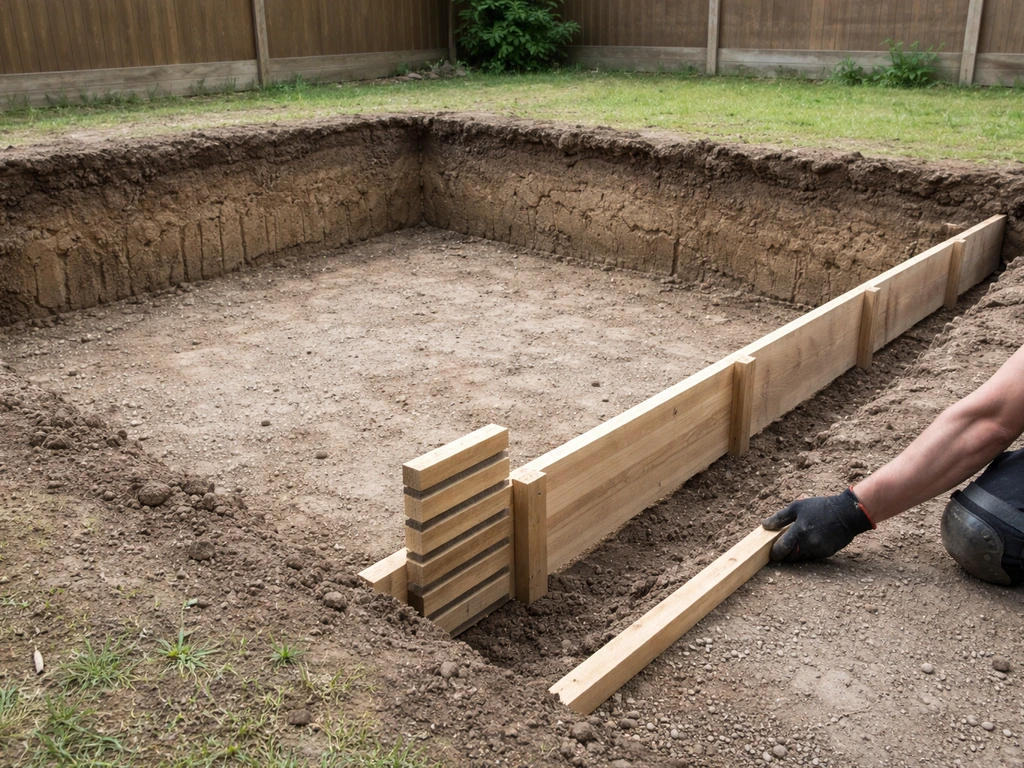 Excavated patio with installed wooden formwork and edging, plus layered depth strips along the edge.