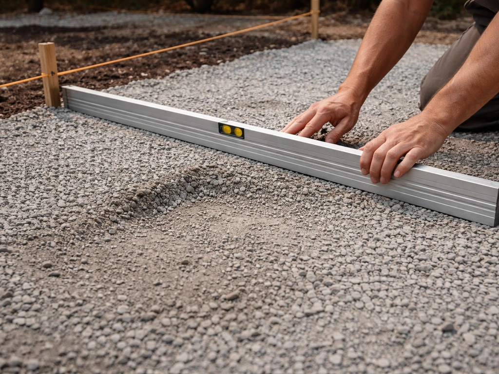 Worker checking patio sub-base with a straightedge and a string line to mark and fix high/low spots