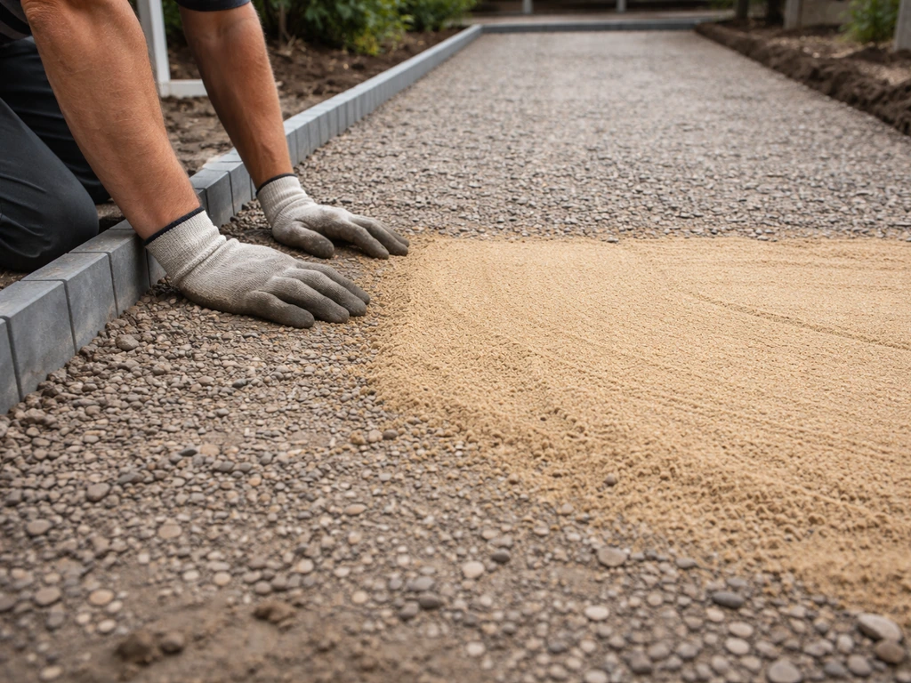 Contractor’s hands preparing compacted sub-base and sand layer with visible drainage slope and edge restraints