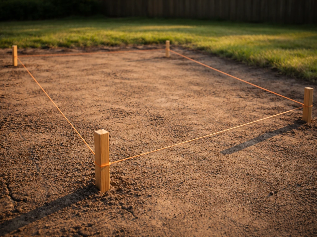 Corner stakes with taut mason’s line outlining a rectangular patio area on bare ground before digging.